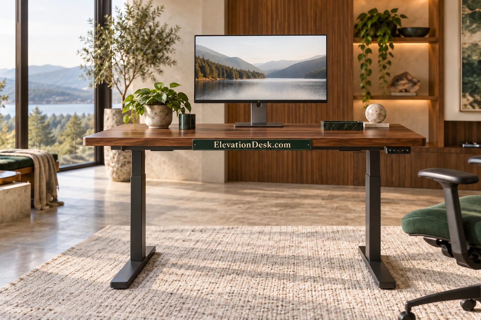 Walnut standing desk displayed as a focused premium furniture collection